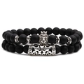 Detail of matte black beaded bracelets with silver lion head and crown charm ornaments - Crown Lion Combination