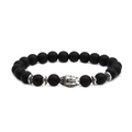 Detailed macro shot of matte black agate beads with silver Buddha head and floral spacers - Buddha Head (Long Style)
