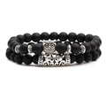 Matte black agate beaded bracelet set with silver owl charm and metal tube on white background - Owl Combination