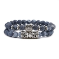 Double-layer beaded bracelet with blue weathered stone and silver owl owl charm - Owl Set