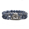 Blue weathered stone bead bracelet set with silver Buddha head and cylinder charms - Long Buddha Head Set