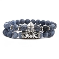 Detail of beaded bracelet featuring dark blue crackle beads and silver Spartan helmet charm - Helmet Set