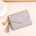 Gray tri-fold small faux leather wallet with V-flap, heart charm and tassel detail - Short Style / Gray