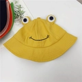 Close-up of yellow frog bucket hat featuring 3D eyes and embroidered smile detail - M (56-58cm) / Yellow