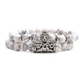 White turquoise beaded bracelet set featuring silver lion head and engraved tube accents - Crown Lion Set