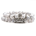 White turquoise beaded bracelet set featuring silver skull and metal tube charms - Skull Set