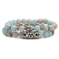 Natural stone bead bracelet set featuring silver buddha head and engraved metal tube - Long Buddha Head Set