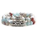 Set of bohemian beaded bracelets featuring natural stone beads and silver owl charm - Owl Set
