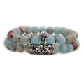 Double-layer natural stone beaded bracelet with silver skull charm and filigree tube - Skull Set