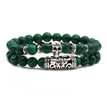 Bracelet double couche en perles de malachite verte avec crâne et détails argentés - Style Crâne