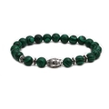 Macro detail of malachite bead bracelet featuring a silver-colored Buddha head charm - Long Tube Buddha Head Accessory