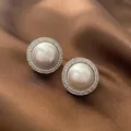Elegant 925 silver needle pearl stud earrings with sparkling cubic zirconia halo - Silver Round Pearl Studs / Silver