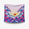 Japanese Ukiyo-e tapestry with Great Wave, pink cherry blossoms and sunset art print - 73X95CM / Brushed Fabric / Cherry Blossom Pink Wave (GT109930)