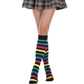 Close-up of rainbow striped over-the-knee socks paired with a plaid skirt for cosplay - Multicolor Stripe