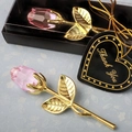 Pink crystal rose with gold stem in premium black gift box with Thank You heart tag - Gold Stem Pink Bud Black Box