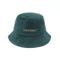Close-up of dark green corduroy bucket hat with COCONUT letter embroidery detail - One Size / Green