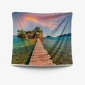 Küsten-Sonnenuntergang Wandteppich mit Holzsteg über klarem Meer und Inselmotiv - 73x95cm (Gebürsteter Stoff) / Holzsteg Meeresblick (GT109623)