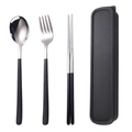 Portable 304 stainless steel cutlery set with black handles and a matching black case - Black Silver Spoon Chopsticks Fork 3-piece Set