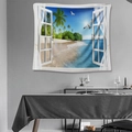 Detail of bohemian wall tapestry with 3D open window tropical sea view and palm trees - 73X95CM (Brushed Fabric) / 3D Beach-GT103550