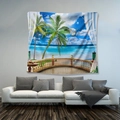 Detail of bohemian tapestry featuring a tropical beach balcony view hung over a sofa - 73X95CM (Brushed Fabric) / Round Balcony-GT103551