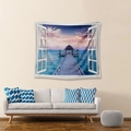 Detalle de tapiz playero bohemio sobre sofá mostrando atardecer marino y puente madera - 73X95CM (Tela Cepillada) / Puente Al Atardecer-GT103531