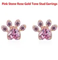 Close-up of heart-shaped pink gem cat paw stud earrings in rose gold finish - Pink Zircon Rose Gold