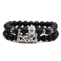 Matte black beaded bracelet set with silver Spartan helmet and engraved metal tube charms - Helmet Combination