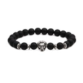 Close-up of matte black agate beaded bracelet featuring a detailed silver lion head charm - Lion Head