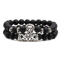Matte black agate beaded bracelet set with silver lion head and scroll pattern charms - Lion Combination