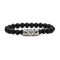 Matte black agate beaded bracelet for men with silver engraved filigree metal cylinder - Curved Tube