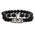 Matte black stone bead bracelet set with silver jaguar head and totem metal tube accents - Leopard Head Combination
