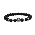 Matte black agate beaded bracelet with intricate silver owl charm and patterned spacers - Owl