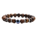 8mm Tiger Eye beaded bracelet with silver spacers and blue Evil Eye charm on white - Yellow Tiger Eye