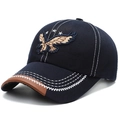 Navy blue cotton baseball cap with embroidered eagle patch and brown leather rim brim - Adjustable / Navy Blue