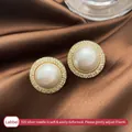 Elegant 925 silver needle stud earrings with a large center pearl and zircon halo - Gold Round Pearl Studs / Gold