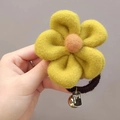 Handheld cute yellow woolen flower hair tie with golden bell and black elastic band - Yellow