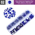 Detailed view of 2000 sapphire blue rhinestones in a 12-slot organizer for nail art - Silver Bottom Royal Blue (Approx 2000pcs Mixed)