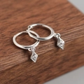 Minimalist S925 sterling silver geometric rhombus earrings with sparkling zircon stones - White Gold