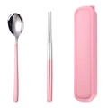 Rosa tragbares Besteck-Set mit Edelstahl-Löffel und Stäbchen in einer praktischen Box - Rosa Silber Löffel Essstäbchen 2-teiliges Set
