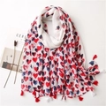 White cotton linen scarf with red and navy heart prints and elegant fringe tassels - 180*90CM / White With Red And Blue Hearts (SL2013-001)