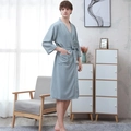 Men's light grey-blue waffle knit bathrobe with kimono collar and waist tie detail - M / Male Style / Light Green