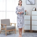 Light gray floral satin bathrobe with pink cherry blossom prints and a waist tie for women - Ink Flower (Women)