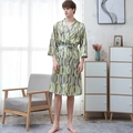 Men's silk-like bathrobe with green abstract geometric print and matching waist belt - Gold Vertical Stripe (Men)