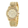 Golden Geneva metal strap watch with rhinestone bezel and round three-dial display - Gold