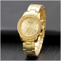 Luxurious Geneva gold women's watch with crystal bezel and polished alloy bracelet - Gold