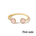 Golden open bangle with pink jade teardrop gemstone and sparkling zircon accents - Gold + Pink Jade
