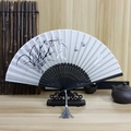 Classic folding fan with orchid ink painting, black carved ribs and a grey tassel - No.13 Floral Fragrance
