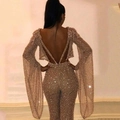 Sexy backless gold sequin jumpsuit with long flared sleeves for evening party wear - Pink