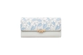 Detail of floral pattern on grey PU leather flap with gold metal buckle on long wallet - Gray