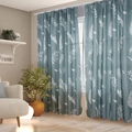 Blue semi-sheer curtain with white leaf pattern in high-quality cotton linen fabric - Vines and Leaves [Hook Ring] Single Panel